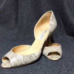 Jimmy Choo size 38 open toe, snake-skin print heels